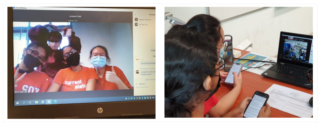 TKGS students participating in a video call and giving a thumbs-up to the camera. TKGS students using their phones while taking part in a video conference with residents of a care facility.